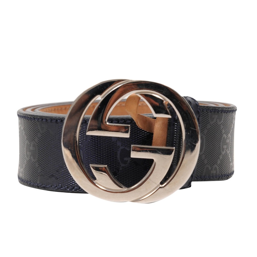 Gucci Navy Monogram GG Logo Leather Belt with Gold Buckle